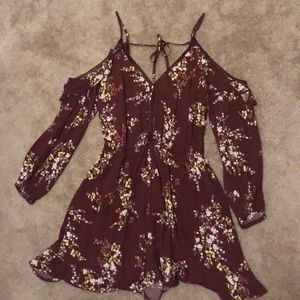 ASTR Maroon and floral cold shoulder romper